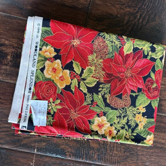 🎄 Woodland Splendor Christmas Fabric – Red Poinsettias, Pinecones & Gold Accent - Picture 1 of 4